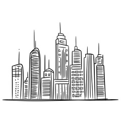 Urban skyline illustration with high-rise buildings in black and white  