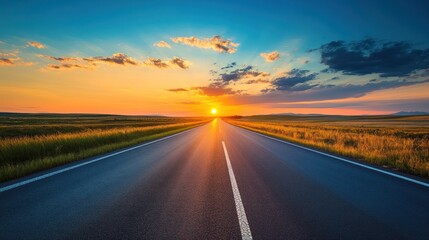 Fototapeta premium Golden hour highway: A sun-kissed road stretching towards the horizon under a vibrant sky