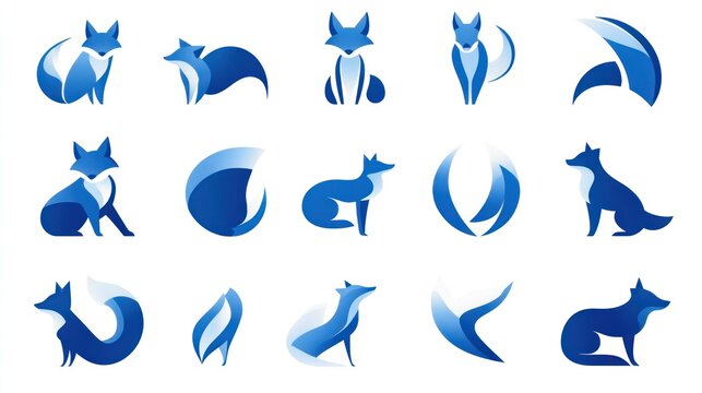 Blue fox logo designs; various poses, white background; graphic design resource