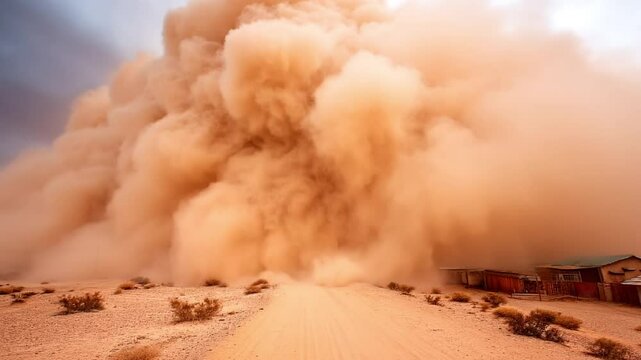 Massive sandstorm slowly advancing toward desert village. Static camera. 4K.
