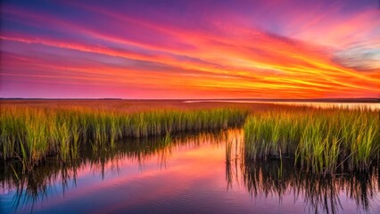 Obraz premium Vibrant Sunset Over Marshlands with Reflections in Still Water and Lush Green Grass