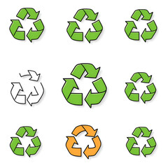 Obraz premium Collection of recycling and rotation arrow symbols. Recycle icons. Recycling arrows. Green icons for packaging, recycling. Ecology, environmentally friendly, environmental management symbols.