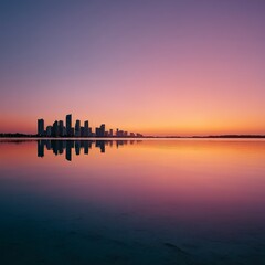 Fototapeta premium Serene Miami Skyline Sunset Reflection Cityscape Waterfront Calm Waters Twilight Urba