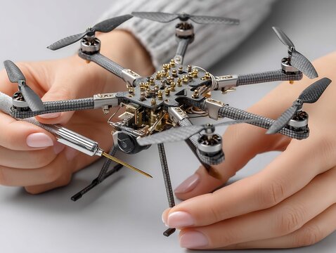 Close-up of female hands repairing a high-tech drone with a small screwdriver - Powered by Adobe