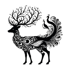 Fototapeta premium Silhouette of a deer fused with a peacock, black on white background 