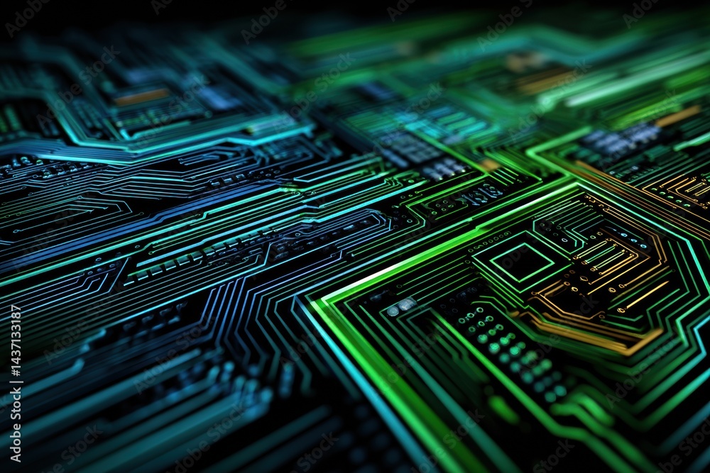 Poster Minimal Computer Circuit Board Design Featuring Blue and Green Neon Colors With Intricate Patterns and Connections Visible From a Flat Perspective