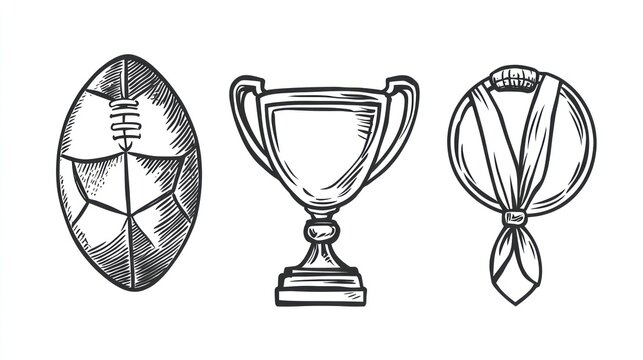 Rugby ball, trophy, medal; victory celebration