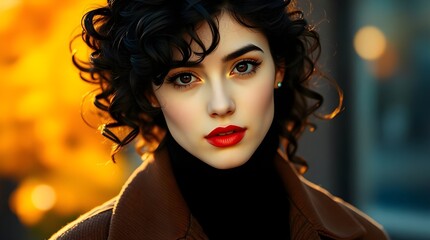Fototapeta premium Beautiful Woman with Curly Hair and Red Lipstick in Urban Setting