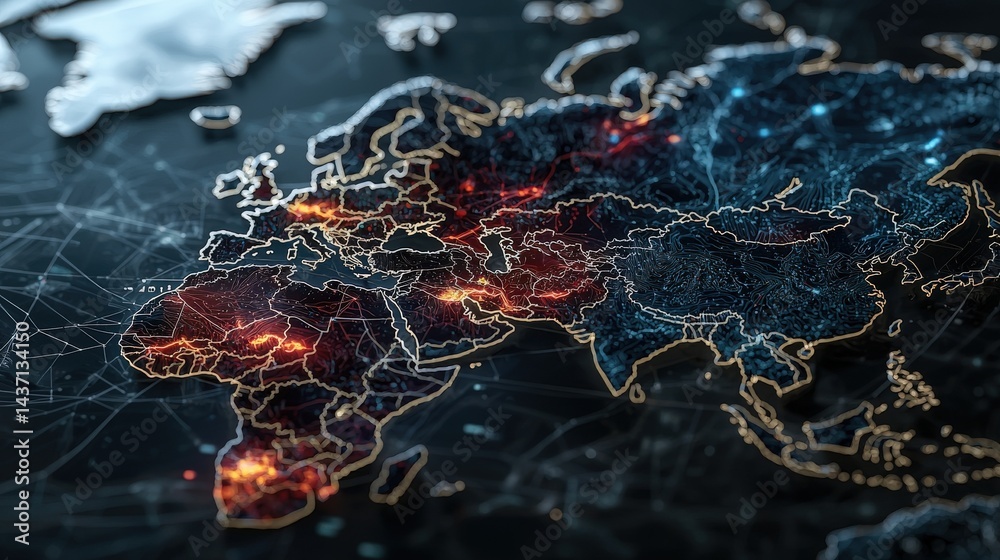 Poster Cyber vulnerability map of nations under attack global analysis of threats and risks digital landscape aerial view