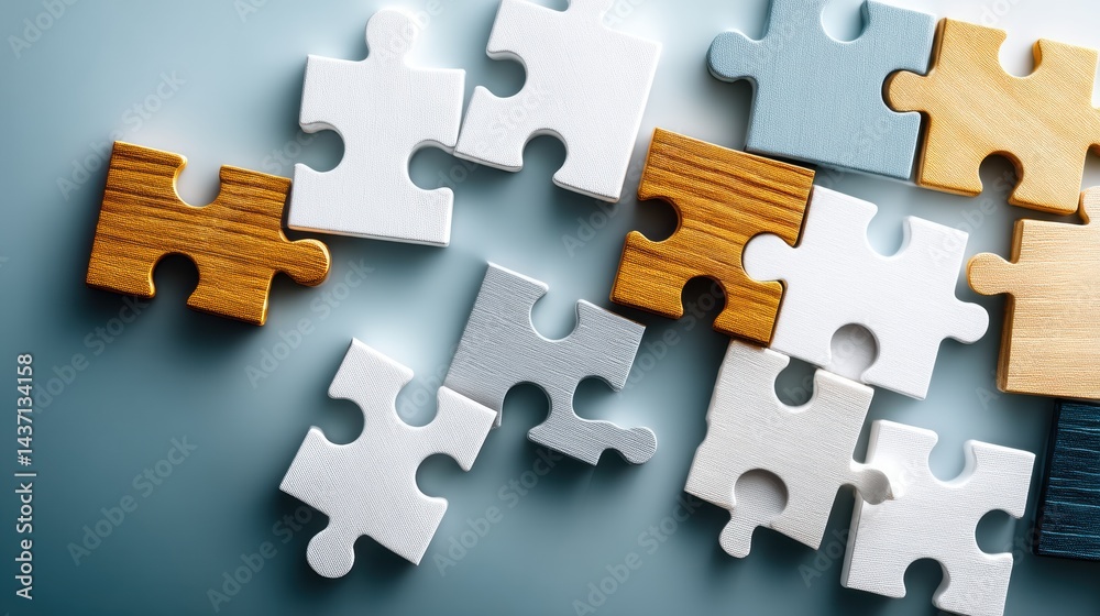 Poster Puzzle Pieces Arranged in a Minimal Composition Representing the Concept of Teamwork and Collaboration in a Creative Workspace