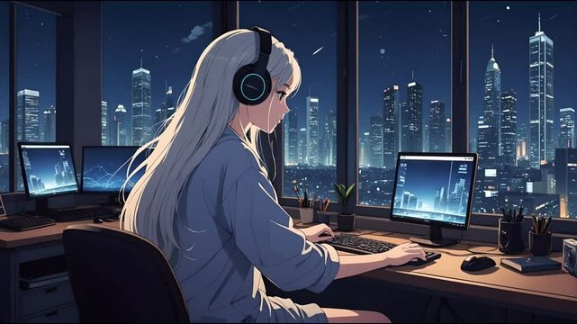 Anime girl with headphones working on laptop at night, window view to skyscrapers