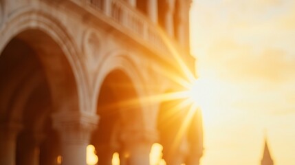 Obraz premium Golden sunlight streaming through ancient arches, warm hues illuminating textured stonework, serene ambiance perfect for inspiration.