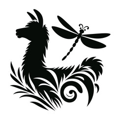 Obraz premium Silhouette of a llama combined with a dragonfly, black on white background 