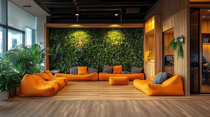 A startup office with a relaxed vibe and bean bags for seating