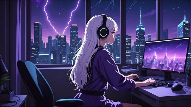 Anime girl with headphones working on laptop at night, window view to skyscrapers purple sky with flash of lightning