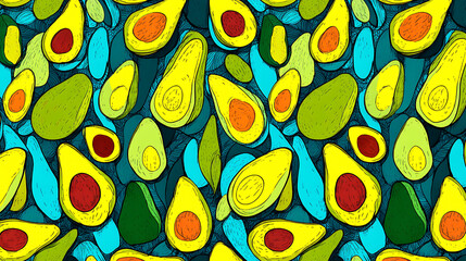 Colorful pattern of avocados with varying shades and textures on a vibrant background