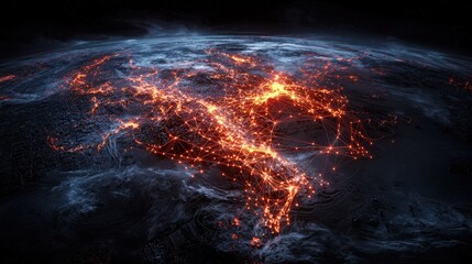 Global trade routes illustrated with glowing connections across continents digital representation dark background