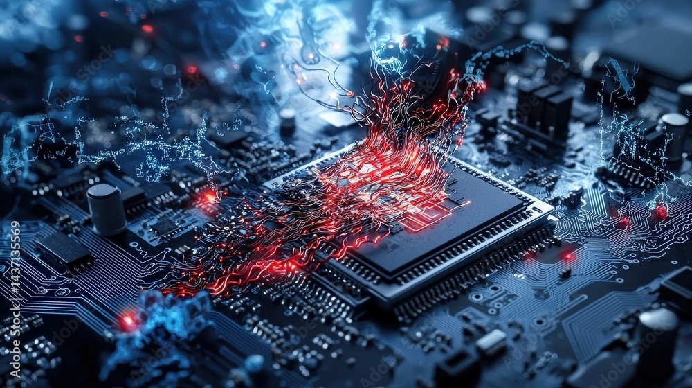 Poster Hackers breach outdated cybersecurity system amid digital chaos data center visual art high-tech close-up cyber threats