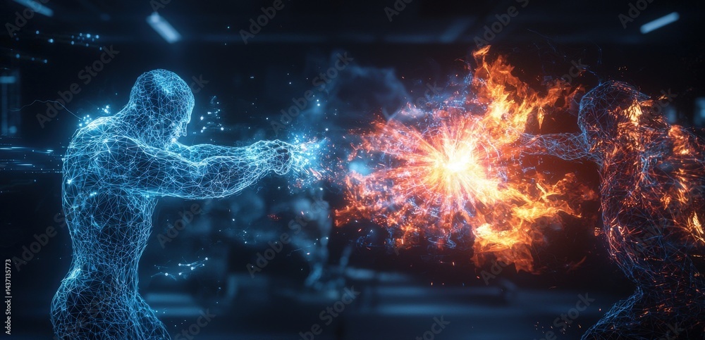 Poster holographic avatars battle in digital coliseum virtual arena 3d animation futuristic world dynamic p
