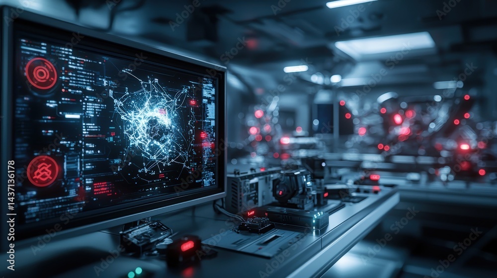 Poster Rogue ai system alarms activated in high-tech lab environment displaying critical data and warnings