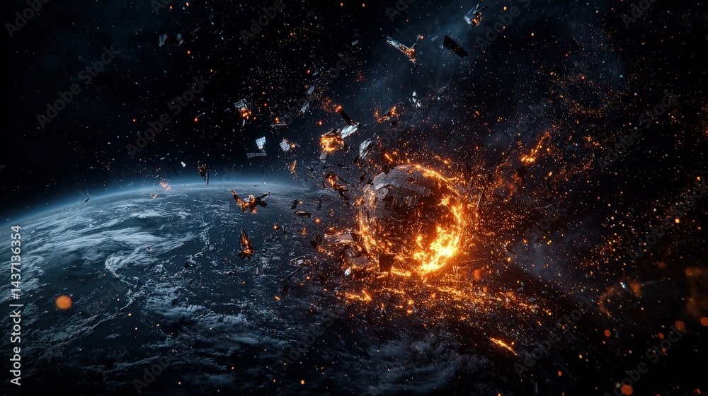 Aufkleber shattered satellite collision in earth's atmosphere a visual catastrophe sci-fi landscape dynamic vi