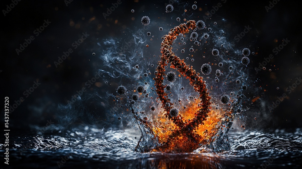 Poster dramatic disintegration of dna helix laboratory abstract art dark environment close-up view scientif