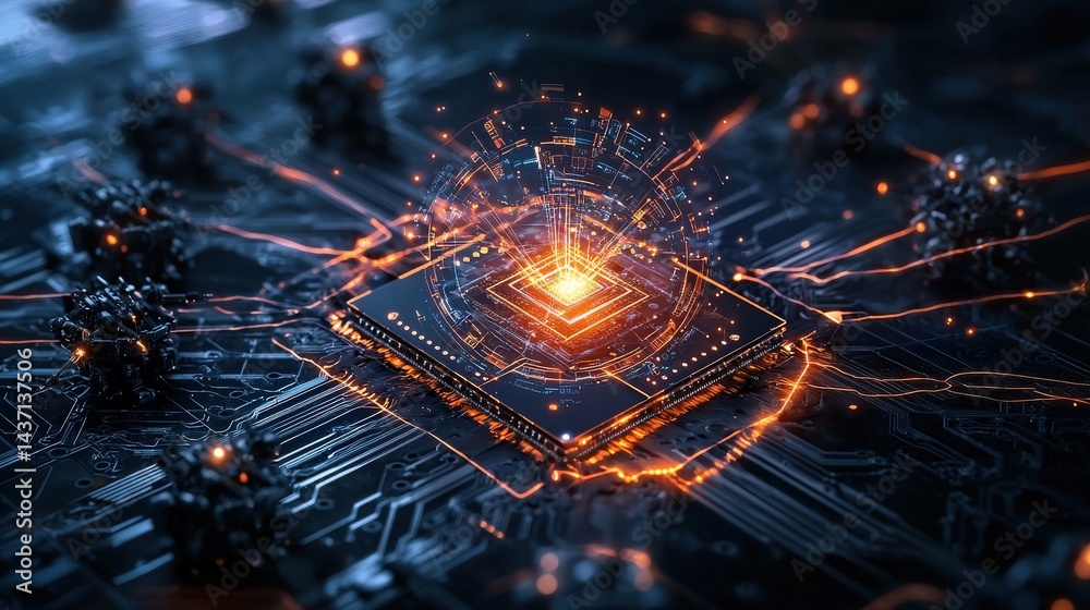 Poster quantum chip activation futuristic technology showcase digital realm illustrative art abstract envir