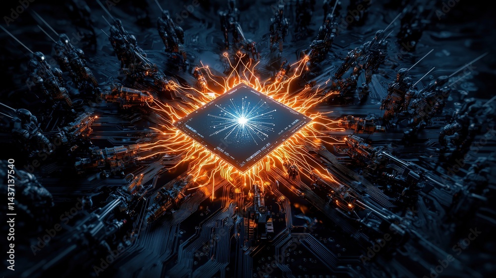 Poster quantum chip power unleashed armies of technology futuristic battlefield digital realm dynamic persp