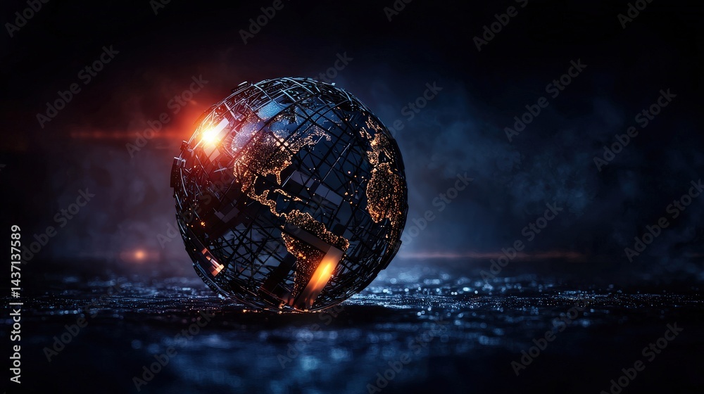 Poster locked digital globe symbolizing global connectivity and security in a futuristic environment