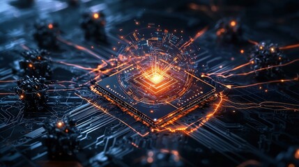 Quantum chip activation futuristic technology showcase digital realm illustrative art abstract environment