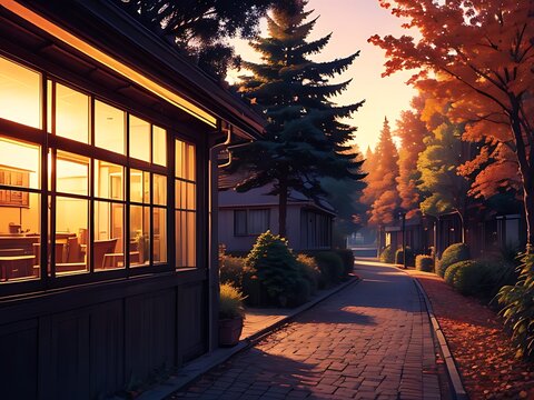 The first chill of evening whispers through golden trees, while the fading sun and a glowing streetlight share the final light of the day.