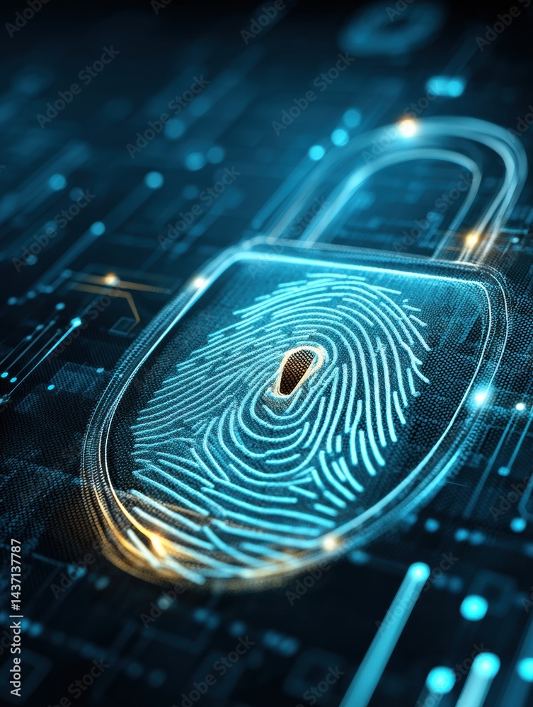 Fototapete Holographic Padlock and Fingerprint Icon Representing Cybersecurity in a Digital Environment With Advanced Technology