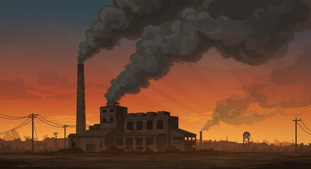Factory Smoking with Orange Sky Illustration
