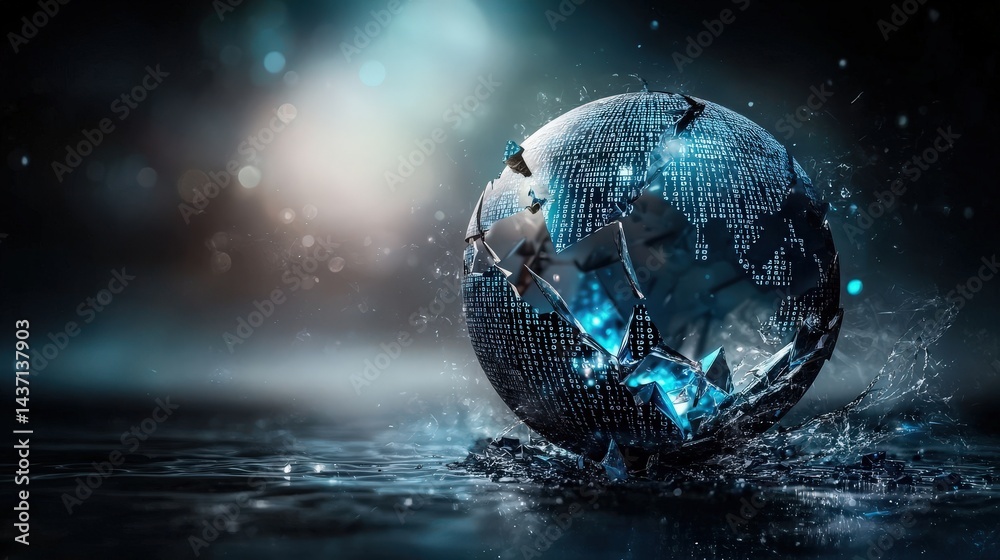Poster Symbolic shattered globe of binary code digital realm conceptual art abstract environment dramatic perspective