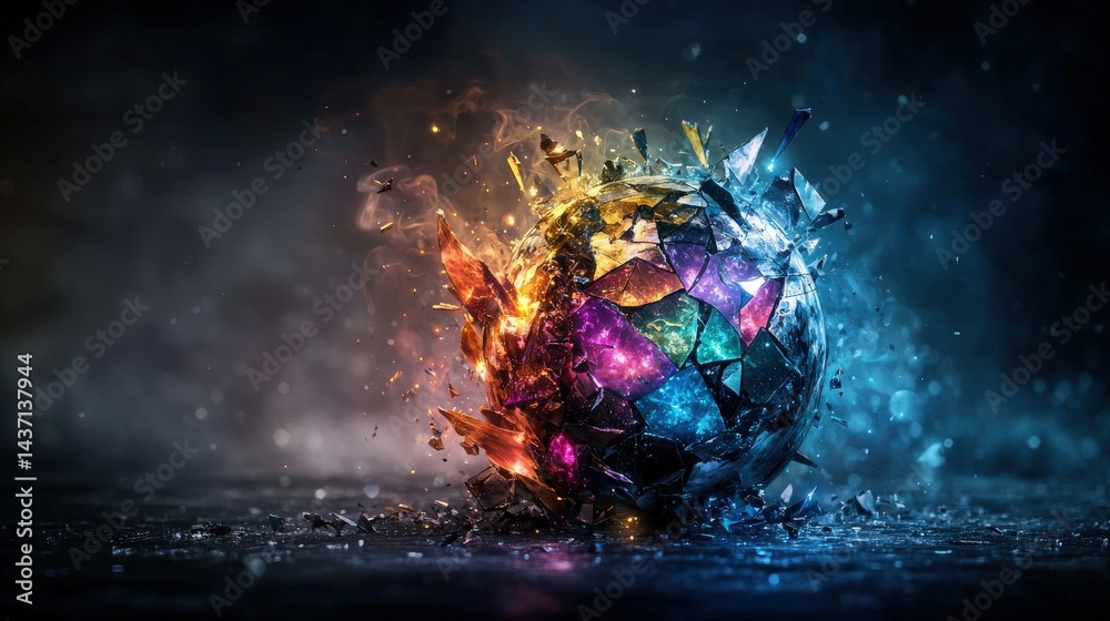 Poster Shattered globe fragmentation abstract space digital art futuristic environment close-up view symbolism