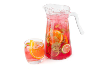 Jug with vibrant and Invigorating  Citrus Fruits Infused Water with Fresh Fruits and Mint Leaves A Refreshing Summer Delight isolated on white background