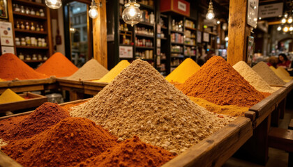 Vibrant Moroccan souk filled with pyramid spice displays showcasing various spices in warm hues, creating inviting atmosphere