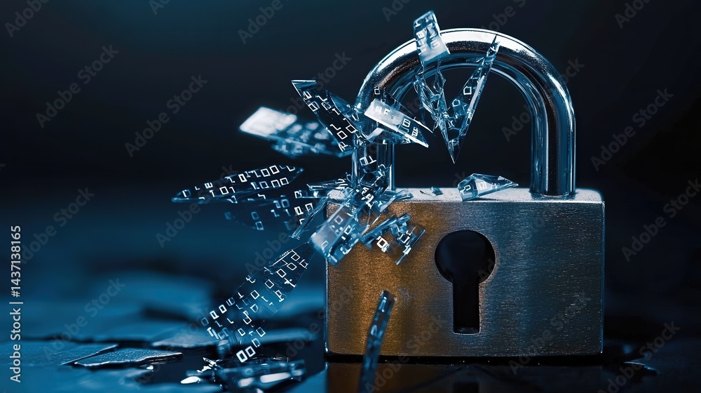 Poster digital security breach shattered padlock symbolizing data vulnerability in cybersecurity focus on t