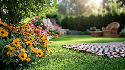 A summer garden with colorful flowers, green grass, and a picnic blanket.