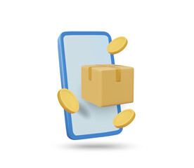 3D illustration vector render of mobile phone icon, parcel box, coin isolated on white. Concept of e-commerce, mobile shopping, payment transaction, delivery service, digital finance.