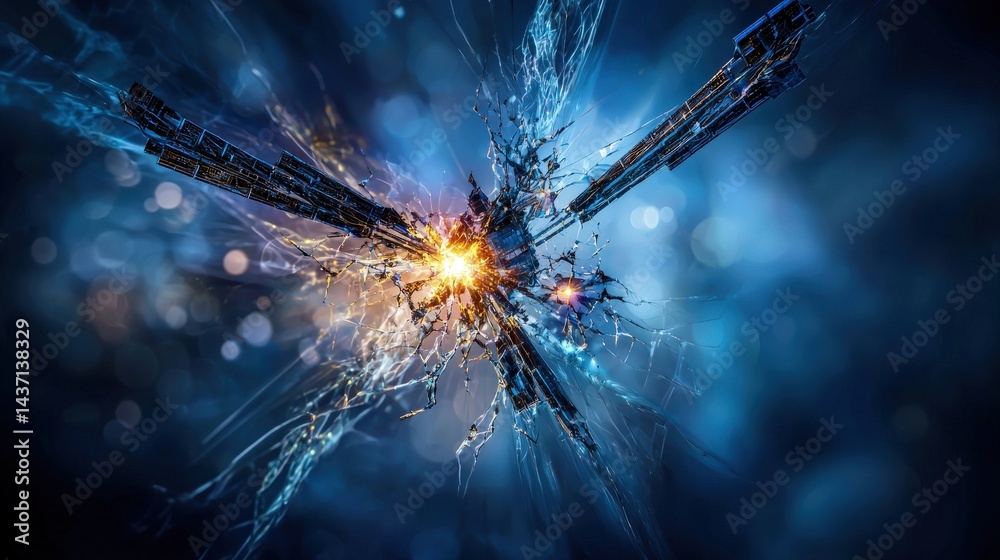 Poster Explosive fragmentation of a shattered satellite outer space digital artwork cosmic environment dynamic viewpoint