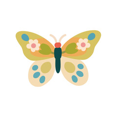 Charming flat-style butterfly illustration featuring vibrant, abstract floral patterns on its wings. Designed with a soft pastel color palette. Perfect for spring themed projects.