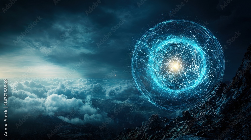 Poster Advanced threat detection systems scanning the skies futuristic technology digital sphere cloudy environment