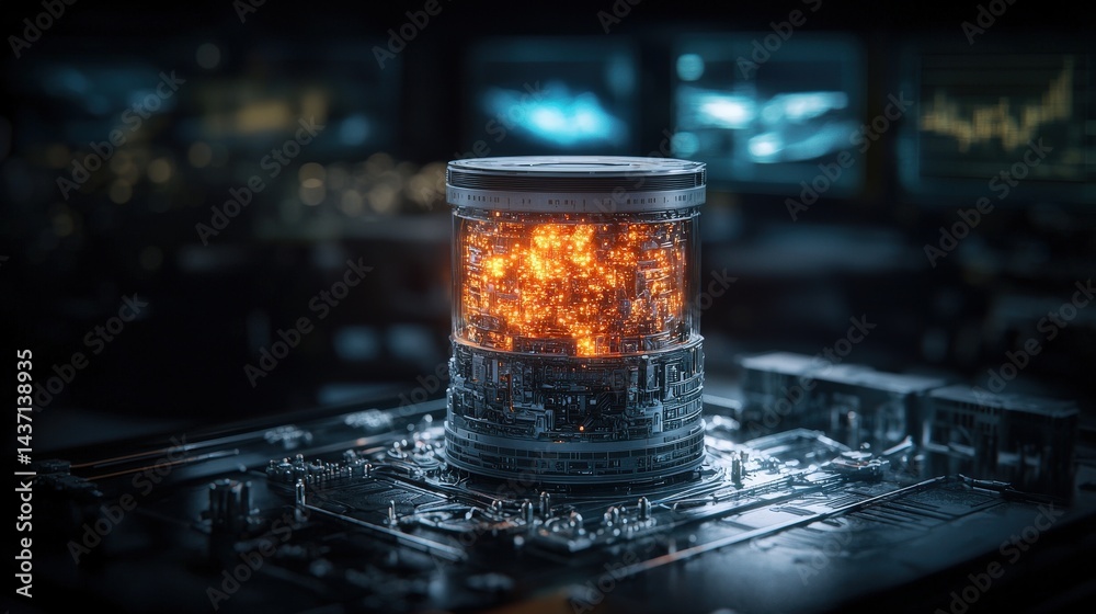 Poster Pulsating ai core technology futuristic lab digital art high-tech environment eye-level view innovation concept