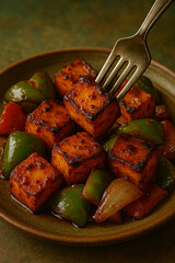 Charred paneer tikka cubes on a plate, with a shiny fork piercing through a juicy, spice-coated piece, with roasted vegetables scattered around