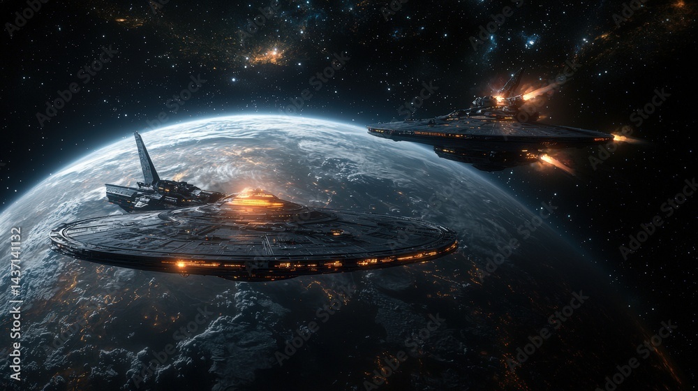 Poster epic space battle between two spaceships near distant planet sci-fi scene cosmic environment dramati