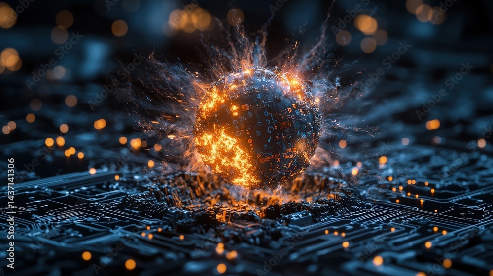 Poster 3d sci-fi animation data explosion symbolizing cybersecurity devastation in the digital realm