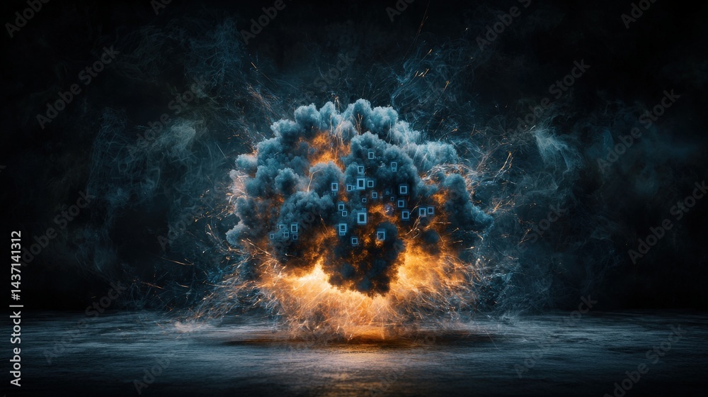 Aufkleber Virtual data explosion symbolizing devastation in cybersecurity digital landscape graphic art abstract concept