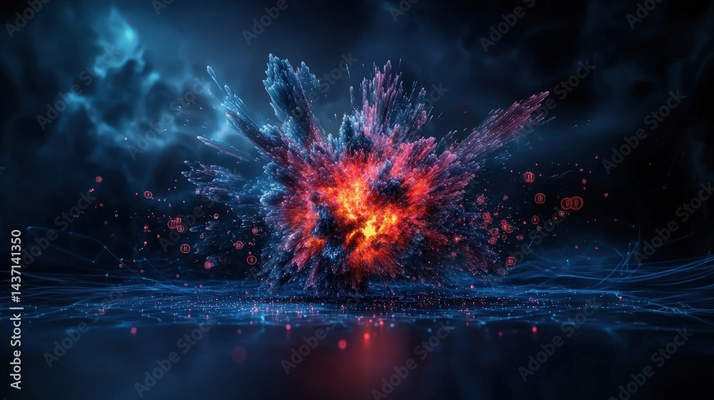 Poster Virtual data explosion symbolizing devastation digital realm visual art dark environment abstract viewpoint