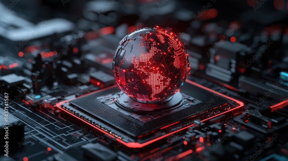 Aufkleber Cyber attack simulation bank servers glowing red amidst digital warfare global data center high-tech environment
